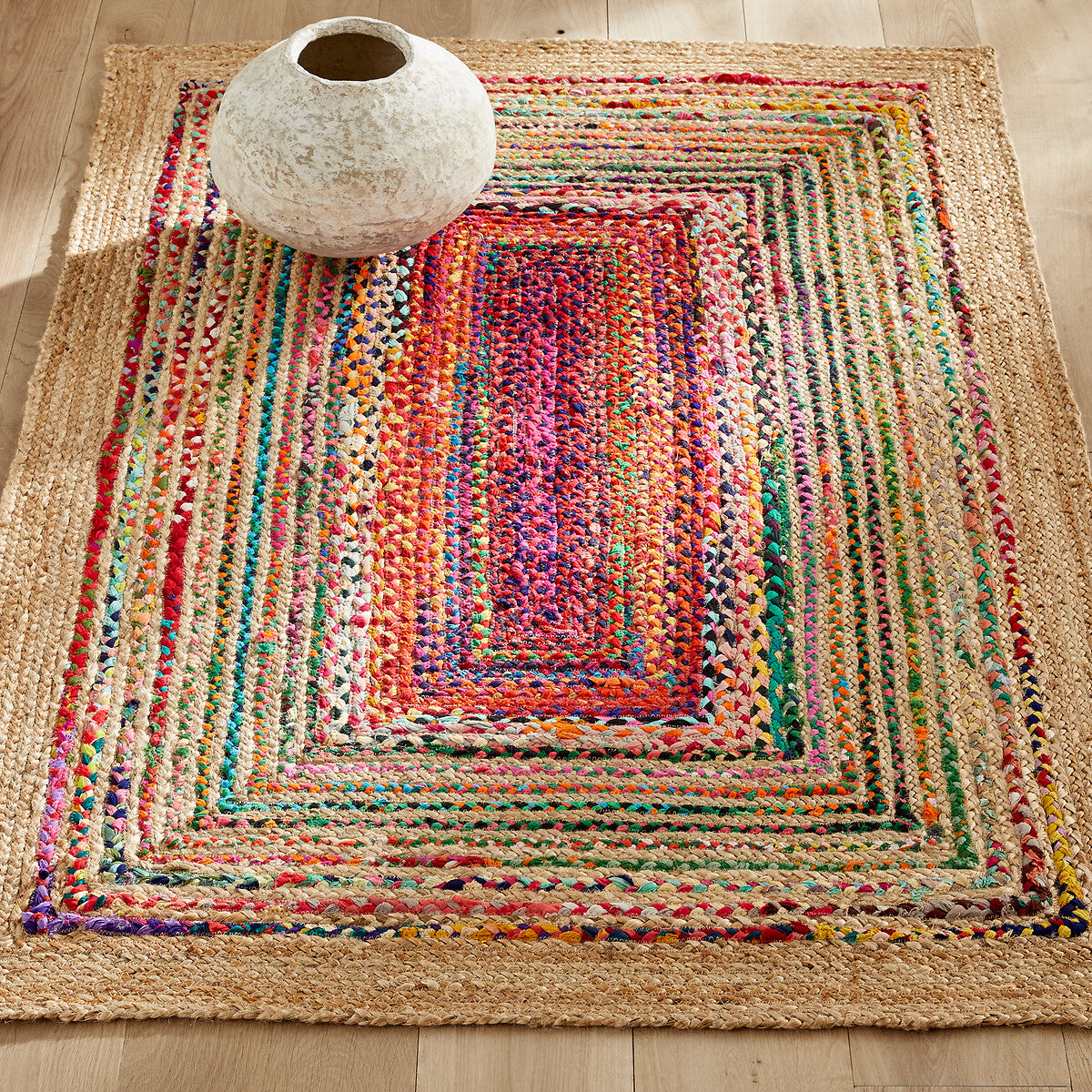 Multi color chindi braided jute rug , store mate etc