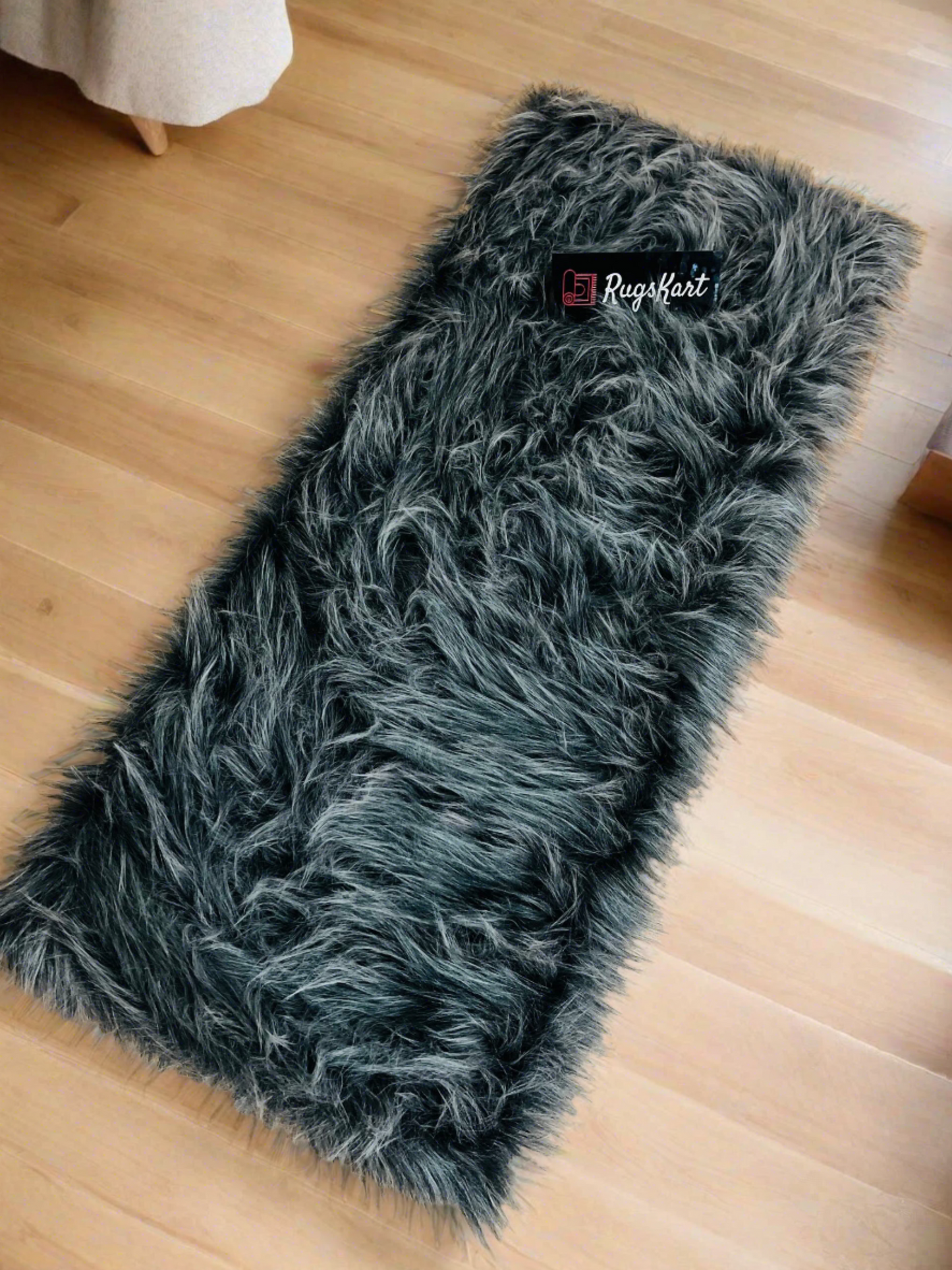 Grey Multi Faux Fur Bedside Runner, Luxury Fluffy Mat – 60×150 cm