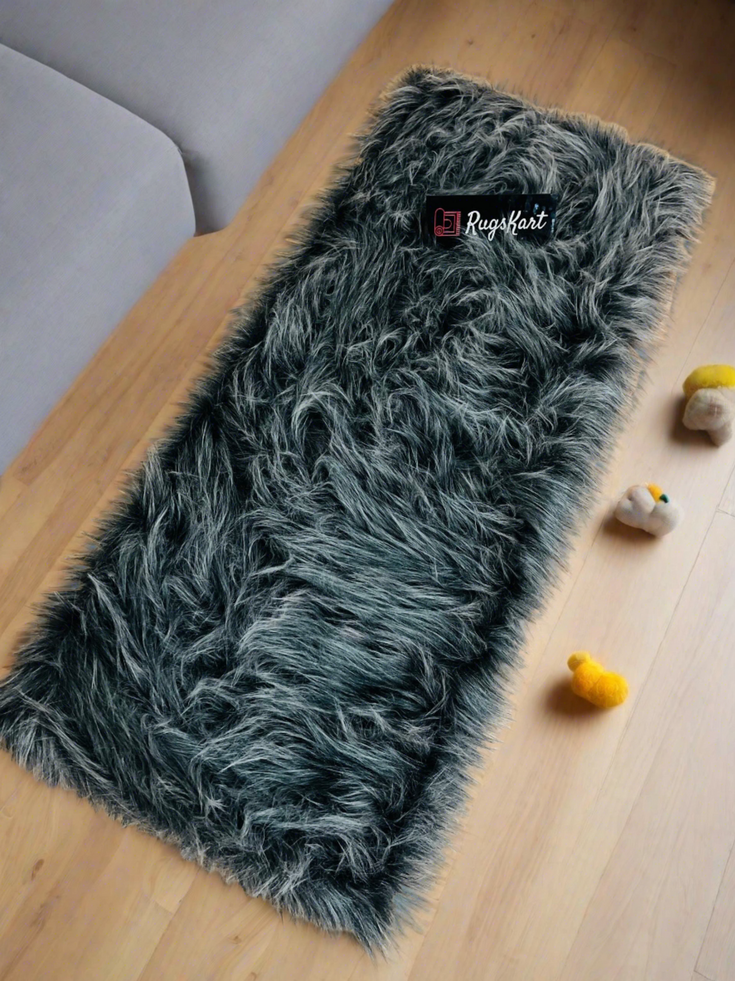 Grey Multi Faux Fur Bedside Runner, Luxury Fluffy Mat – 60×150 cm