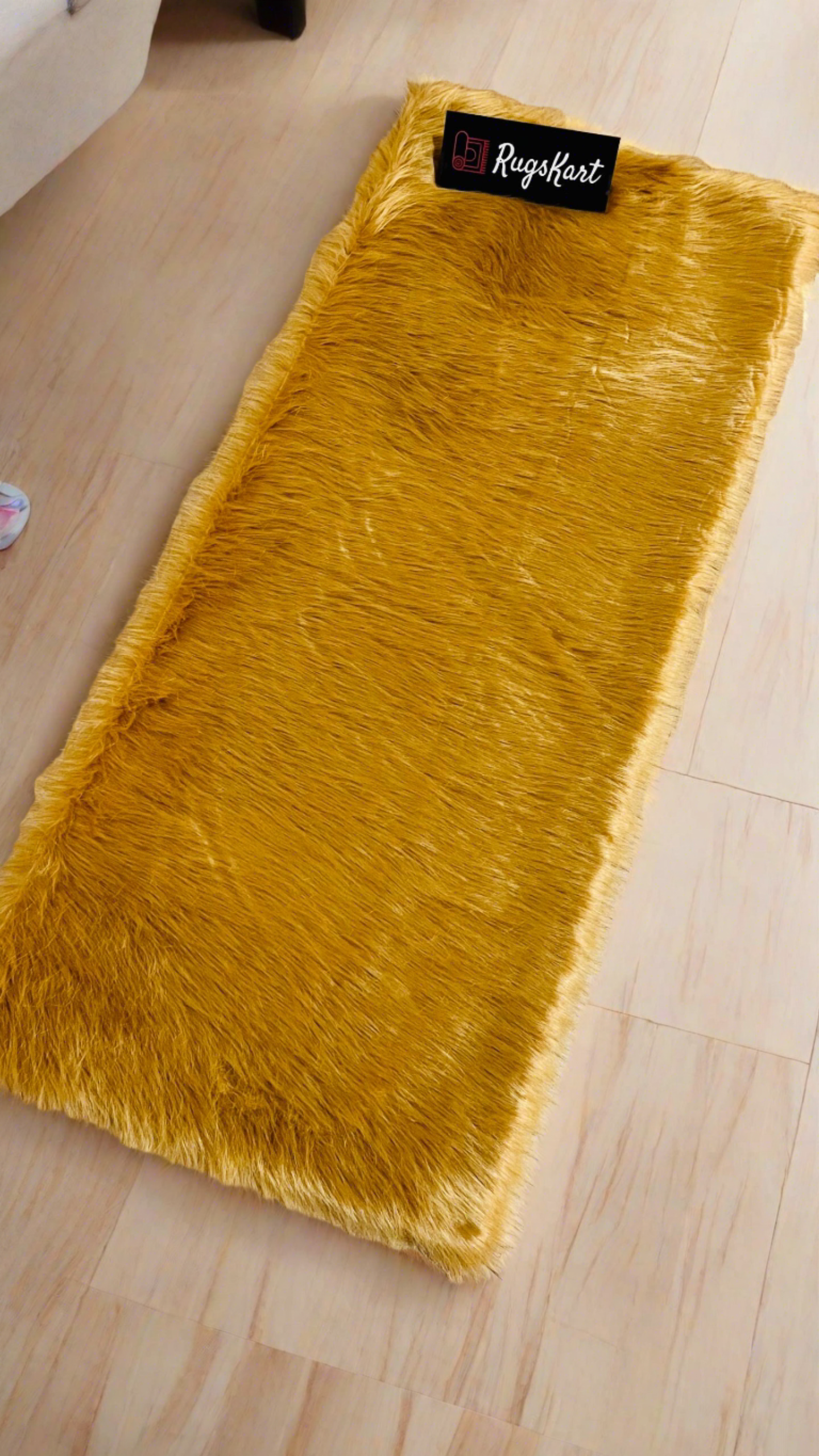 Golden Faux Fur Bedside Runner, Luxury Fluffy Mat – 60×150 cm