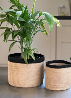 Organic Jute & Black Planter Basket - Set of 2