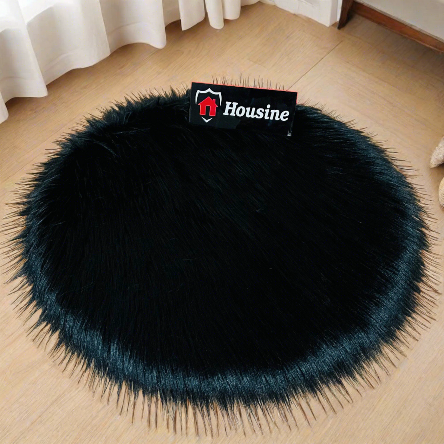 Black Round Faux Fur Rug, Luxury Fluffy Mat -(80×80) cm