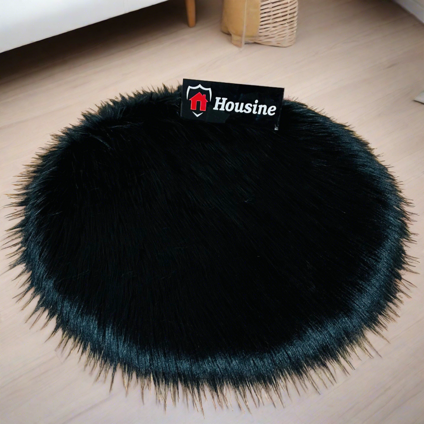 Black Round Faux Fur Rug, Luxury Fluffy Mat -(80×80) cm