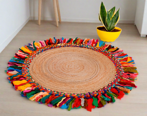 Flower Border Cotton Jute Rug