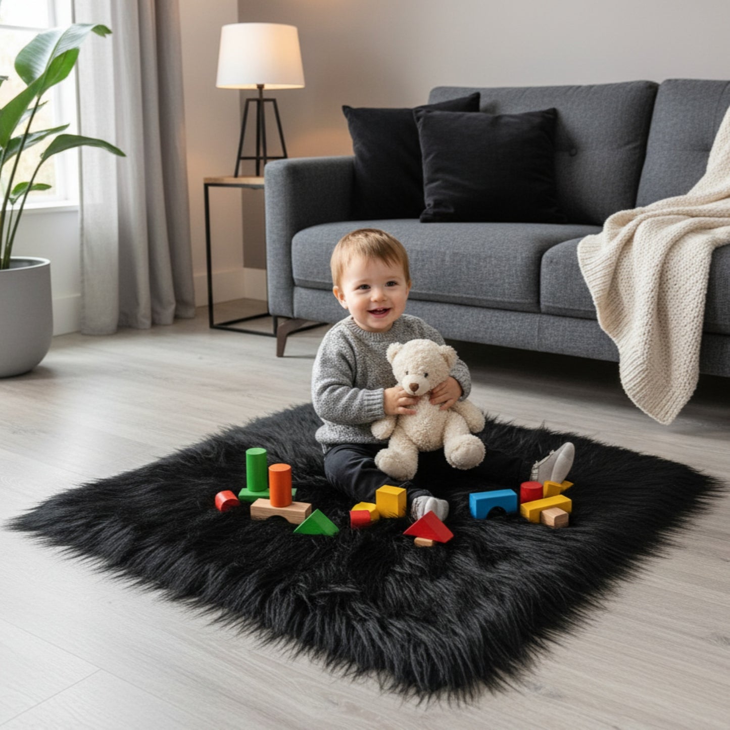 Black Faux Fur Sofa Mat , Door mat, Luxury Fluffy Mat – 60×60 cm ( 2 Feet x 2 Feet )