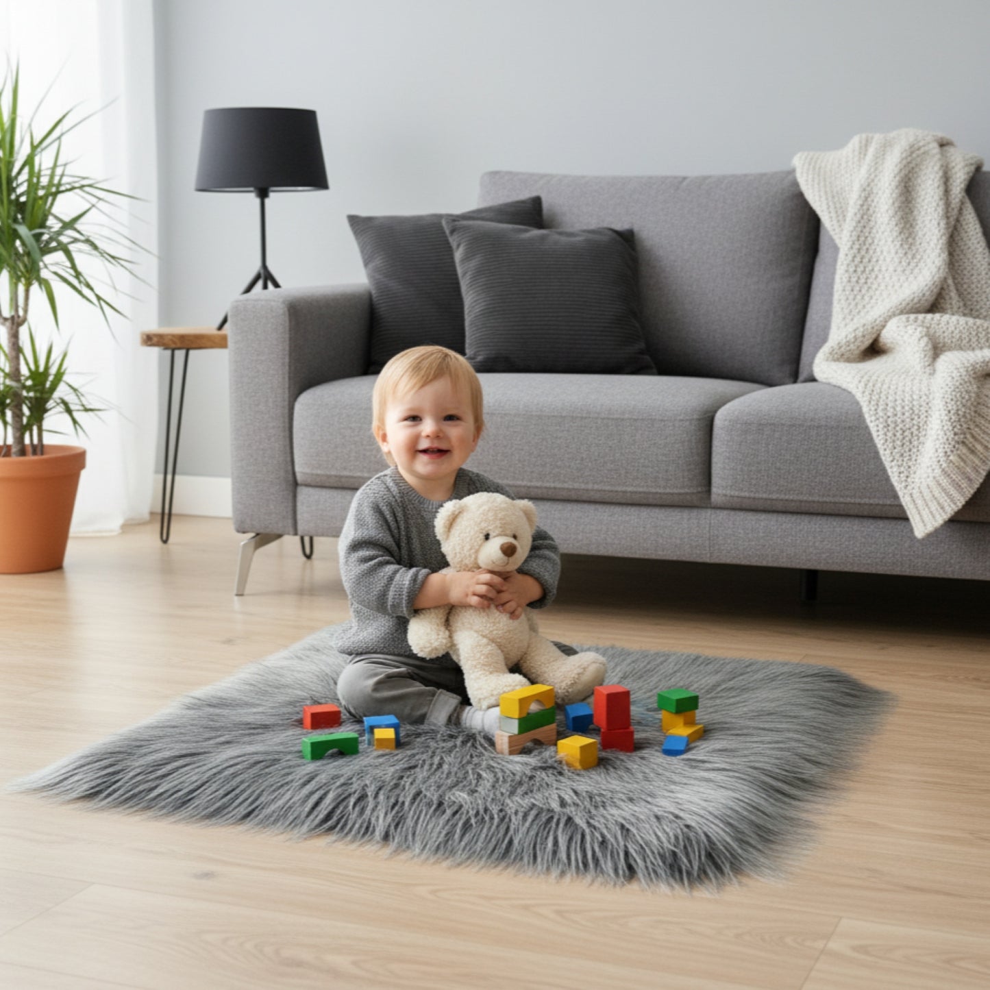 Gray Faux Fur Sofa Mat , Door mat, Luxury Fluffy Mat – 60×60 cm ( 2 Feet x 2 Feet )
