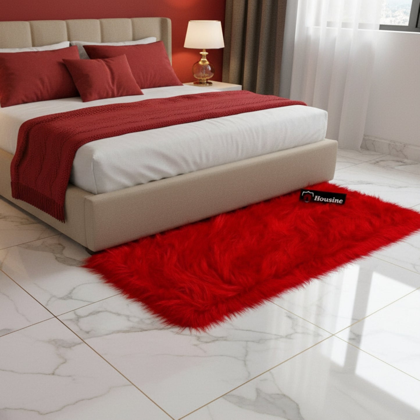 Red Faux Fur Bedside Runner, Luxury Fluffy Mat – 60×150 cm