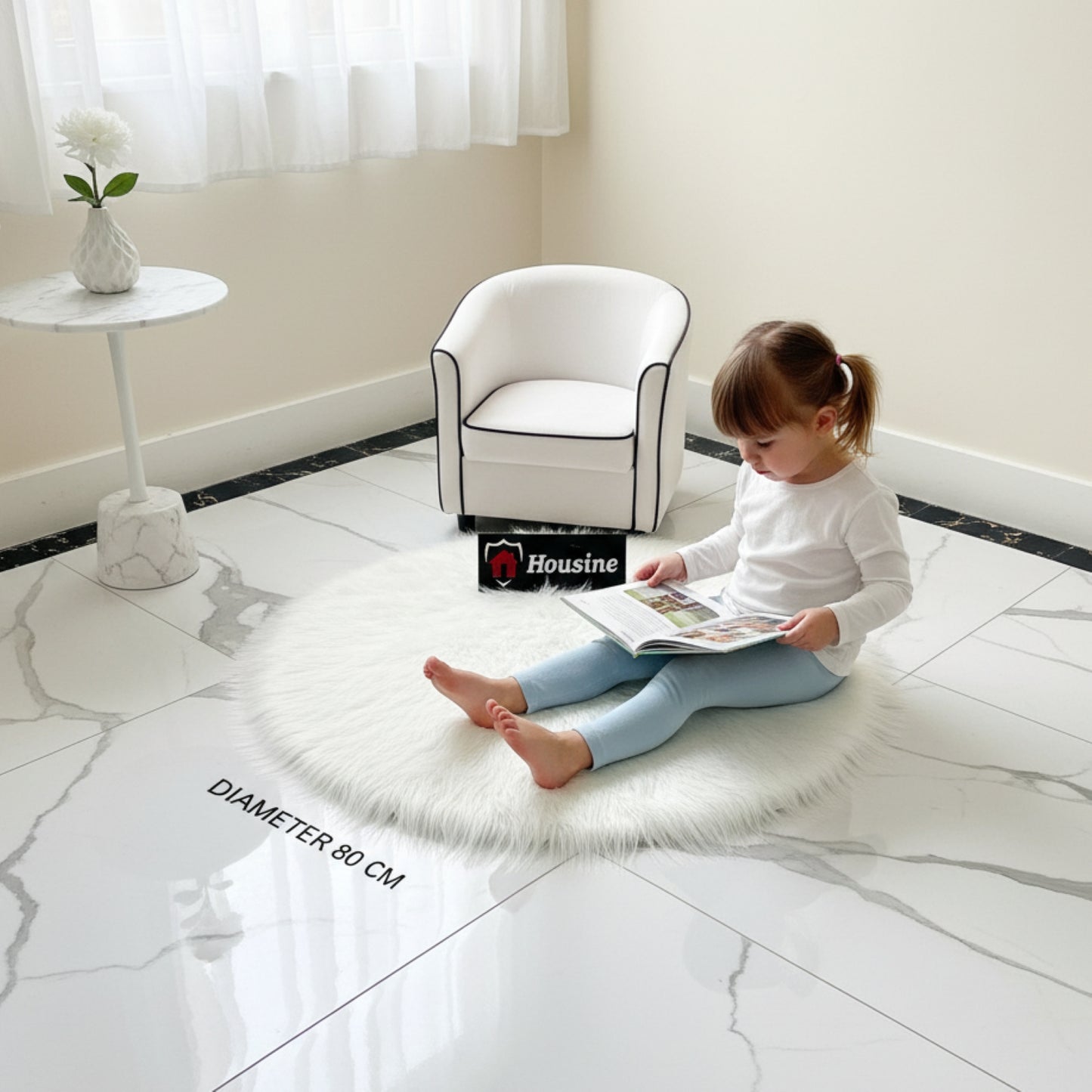 White Round Faux Fur Rug, Luxury Fluffy Mat -(80×80) cm