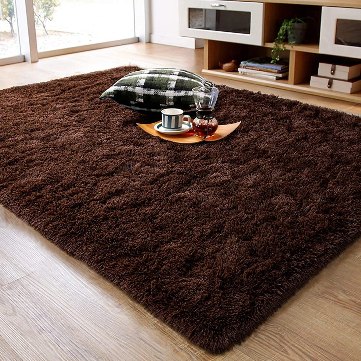 Luxury Brown Microfiber Shaggy Rug – Fluffy High-Pile Floor Carpet & Door Mat for Home Decor