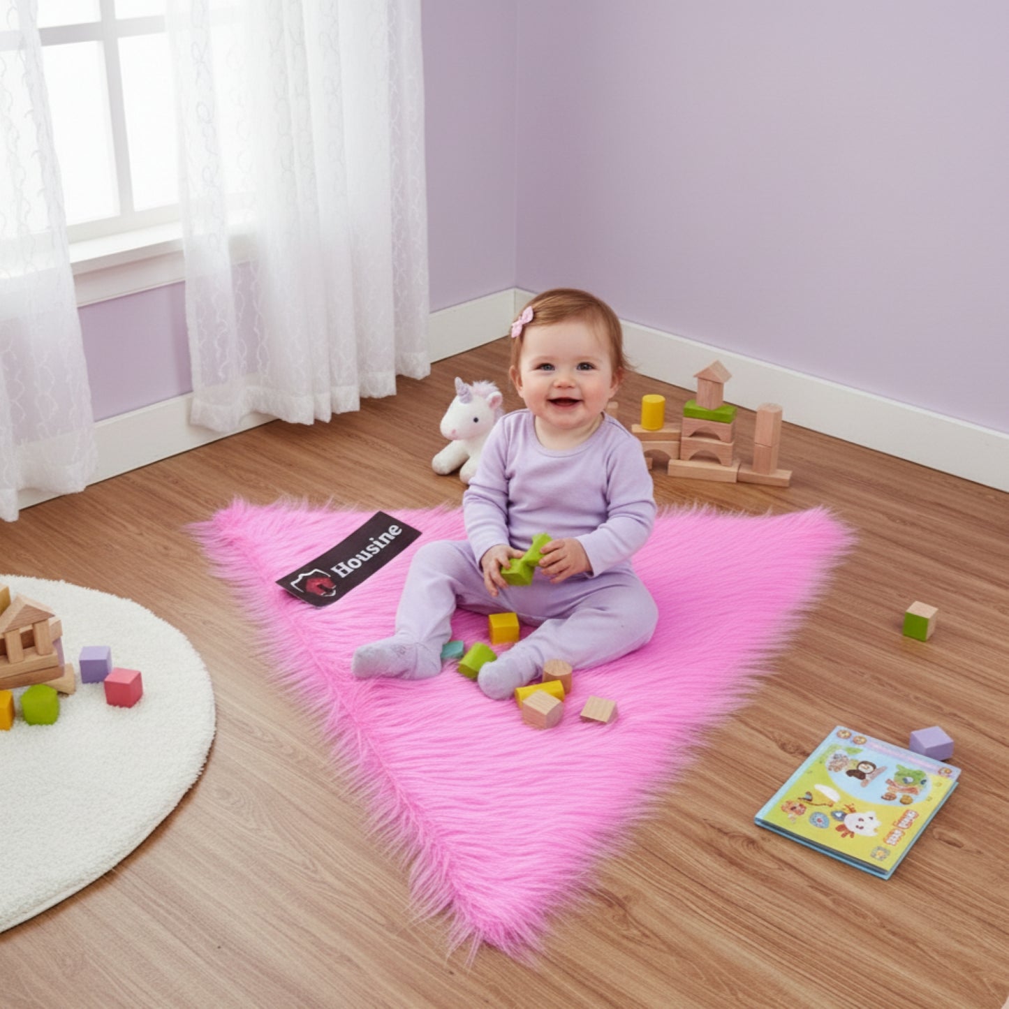 Pink Triangle Faux Fur Rug, Luxury Fluffy Mat -(90×90) cm