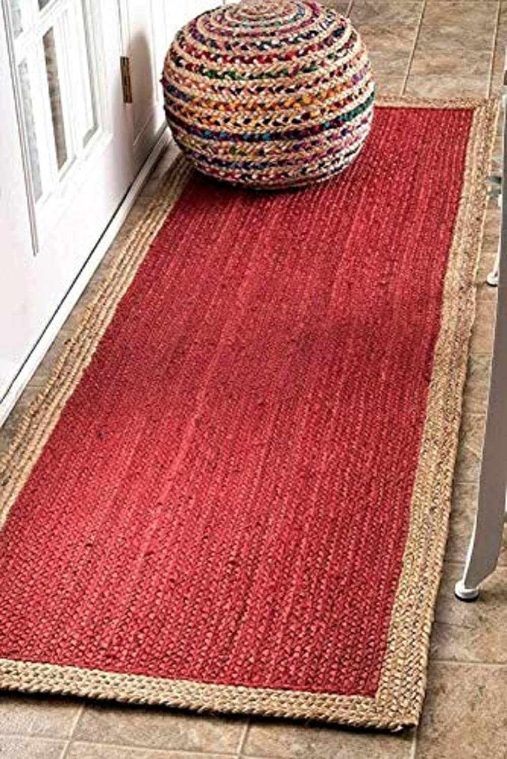 Handcrafted Jute & Cotton Braided Runner – Crimson Red with Natural Border
