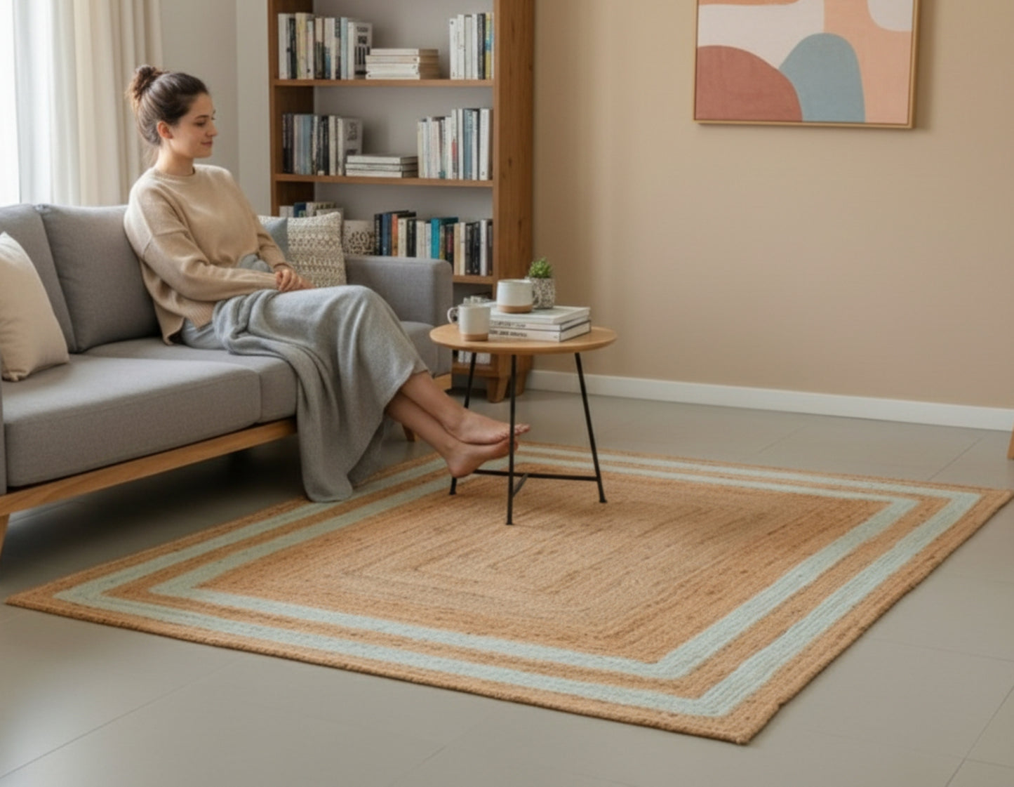 Square jute rug – Bohemian natural – White Cotton With Natural Jute