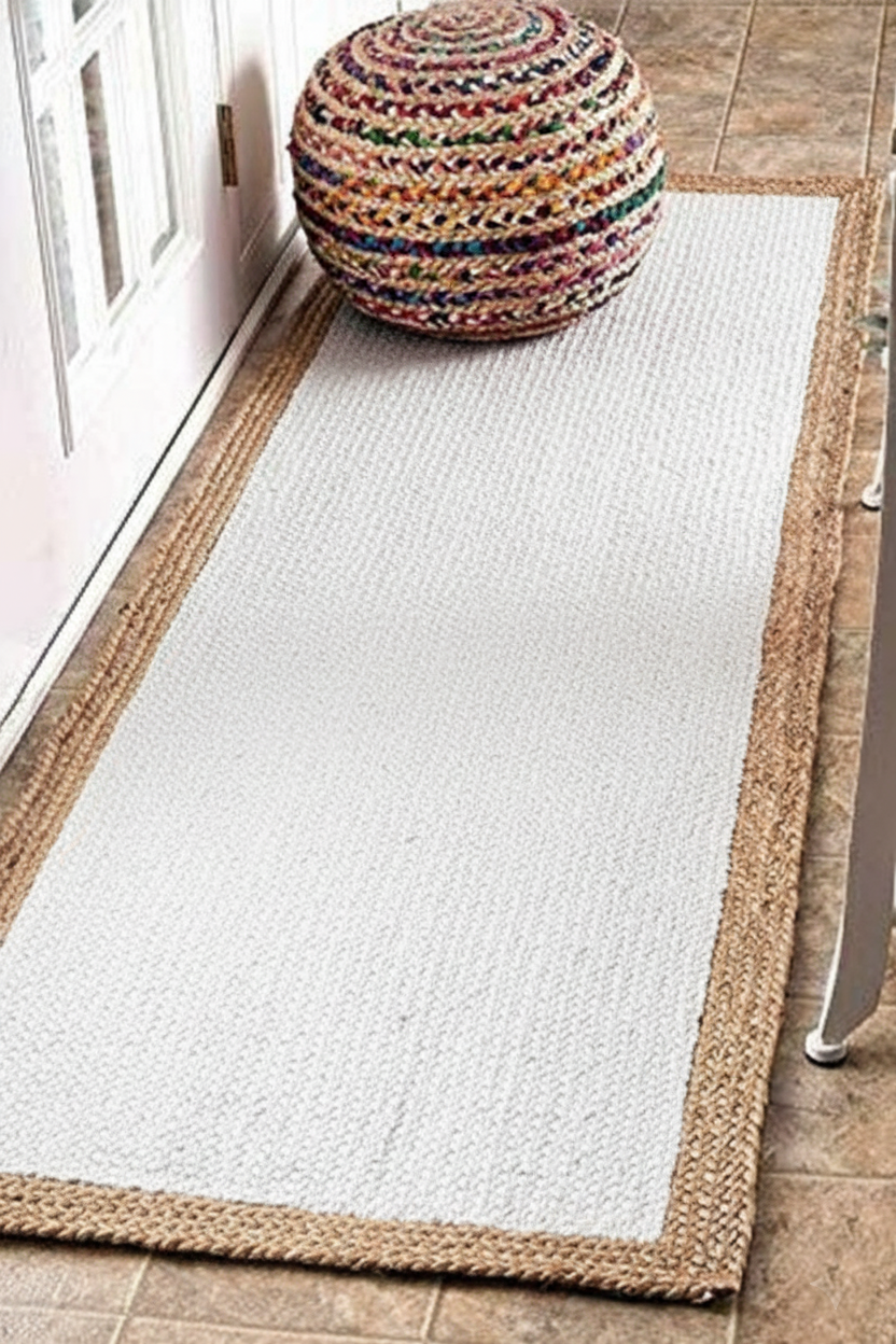Handcrafted Jute & Cotton Braided Runner – White with Natural Border