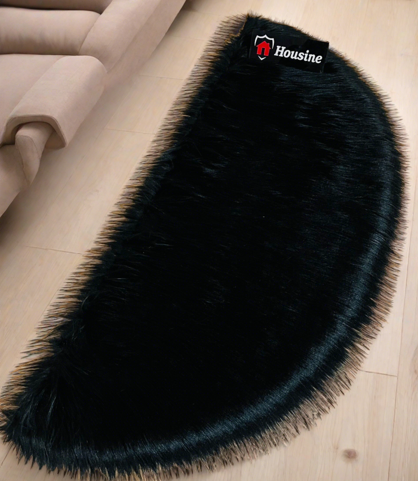 Black D Shape Faux Fur Rug, Luxury Fluffy Mat – 60×150 cm