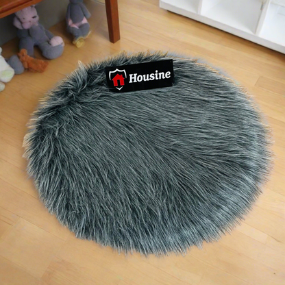 Grey Round Faux Fur Rug, Luxury Fluffy Mat -(80×80) cm