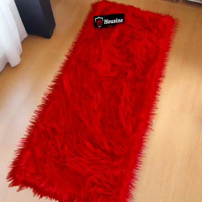 Red Faux Fur Bedside Runner, Luxury Fluffy Mat – 60×150 cm