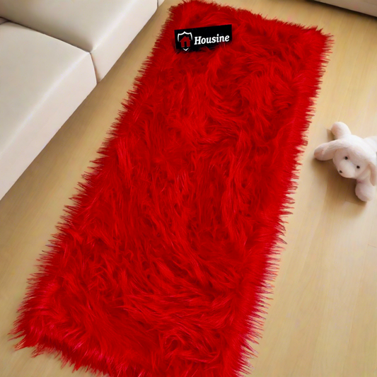 Red Faux Fur Bedside Runner, Luxury Fluffy Mat – 60×150 cm
