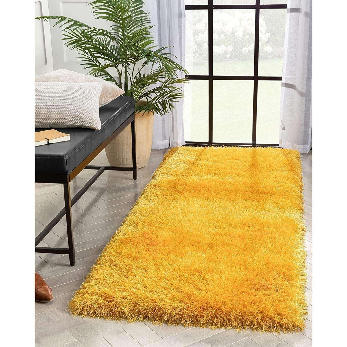 Premium Yellow Microfiber Shaggy Carpet Mat - Ultra Soft, Non-Slip High-Pile Rug for Living Room, Bedroom & Bathroom