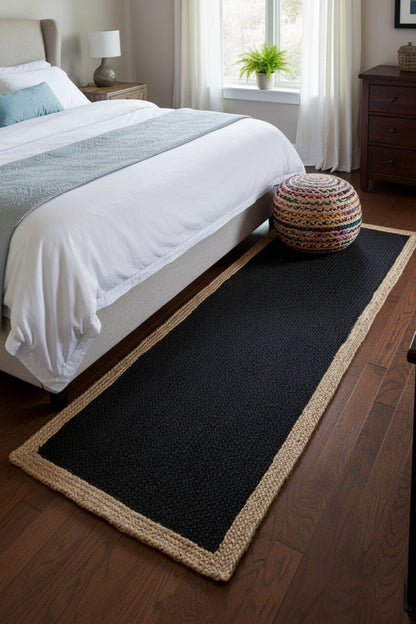 Handcrafted Jute & Cotton Braided Runner – Black with Natural Border