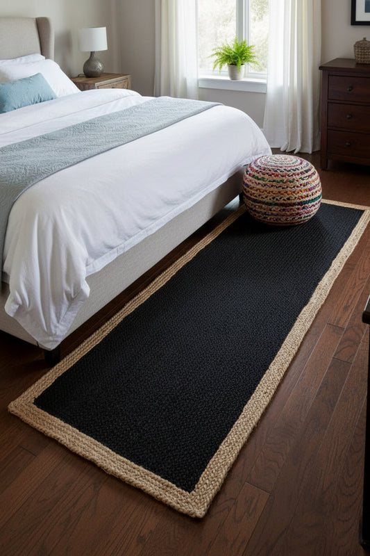 Handcrafted Jute & Cotton Braided Runner – Black with Natural Border