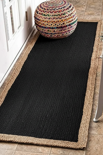 Handcrafted Jute & Cotton Braided Runner – Black with Natural Border
