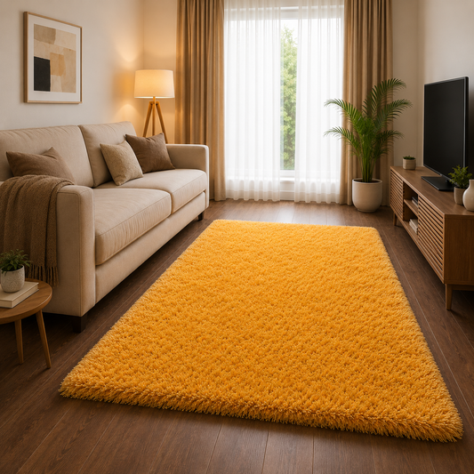 Luxury Solid Yellow Shaggy Carpet – Soft High-Pile Microfiber Floor Rug for Living Room & Bedroom