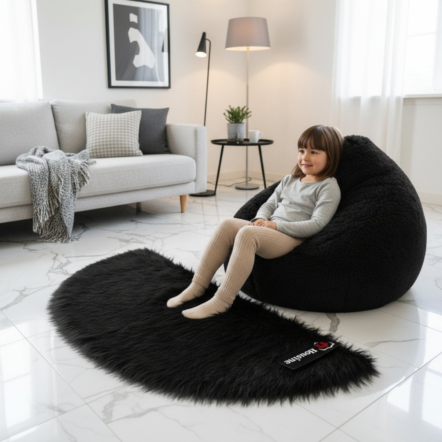 Black D Shape Faux Fur Rug, Luxury Fluffy Mat – 60×150 cm