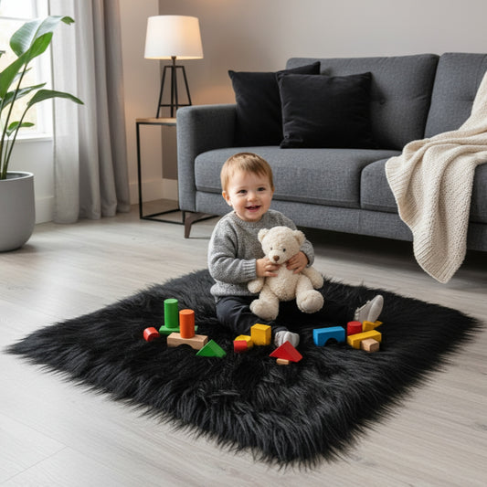 Black Faux Fur Sofa Mat , Door mat, Luxury Fluffy Mat – 60×60 cm ( 2 Feet x 2 Feet )