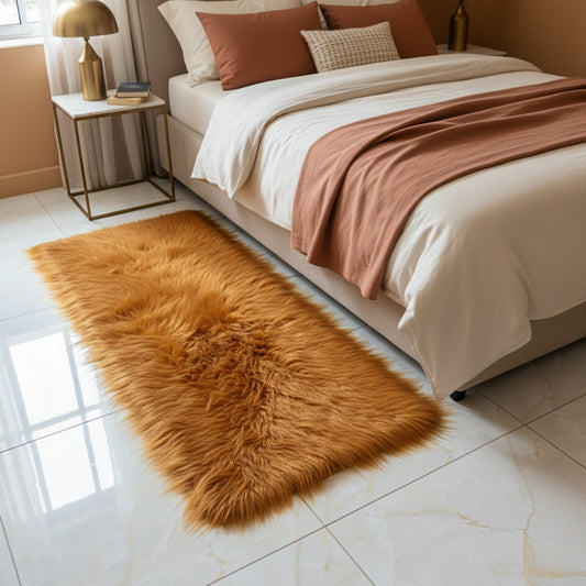 Golden Faux Fur Bedside Runner, Luxury Fluffy Mat – 60×150 cm
