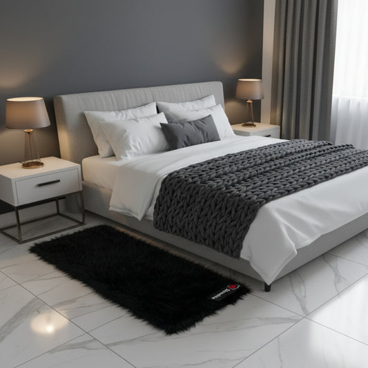 Black Faux Fur Bedside Runner, Luxury Fluffy Mat – 60×150 cm