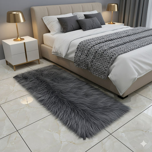 Gray Faux Fur Bedside Runner, Luxury Fluffy Mat – 60×150 cm