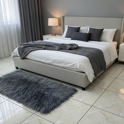 Grey Multi Faux Fur Bedside Runner, Luxury Fluffy Mat – 60×150 cm
