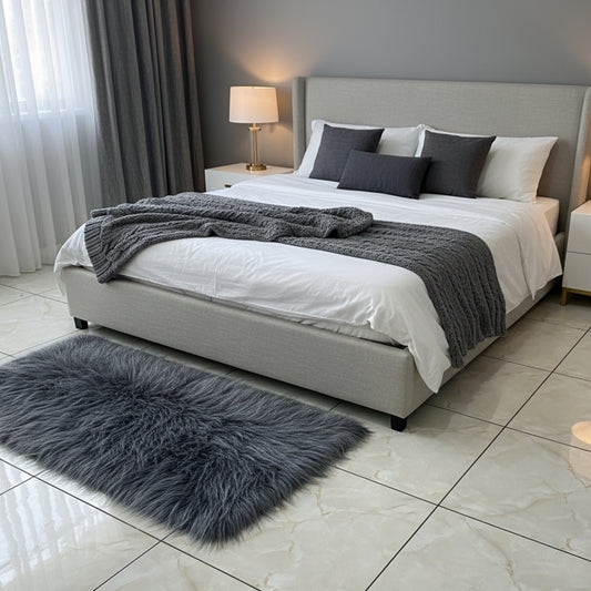 Grey Multi Faux Fur Bedside Runner, Luxury Fluffy Mat – 60×150 cm