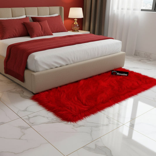 Red Faux Fur Bedside Runner, Luxury Fluffy Mat – 60×150 cm