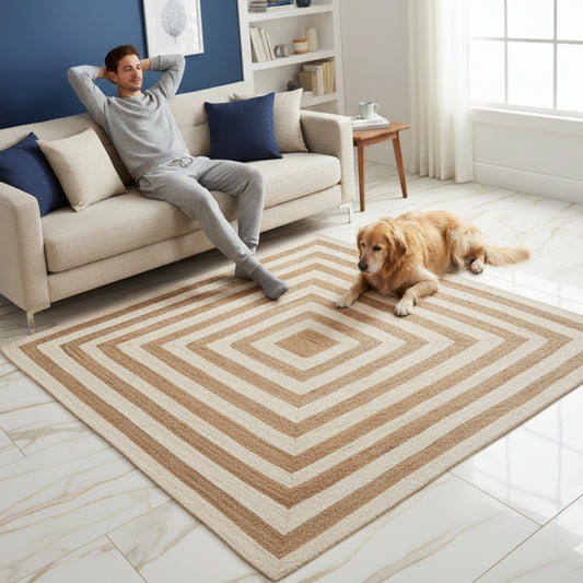 Square jute rug – Bohemian natural – White, Beige
