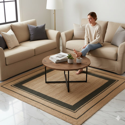 Square jute rug – Bohemian natural – Black, Beige
