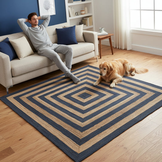 Square jute rug – Bohemian natural – Beige, Black