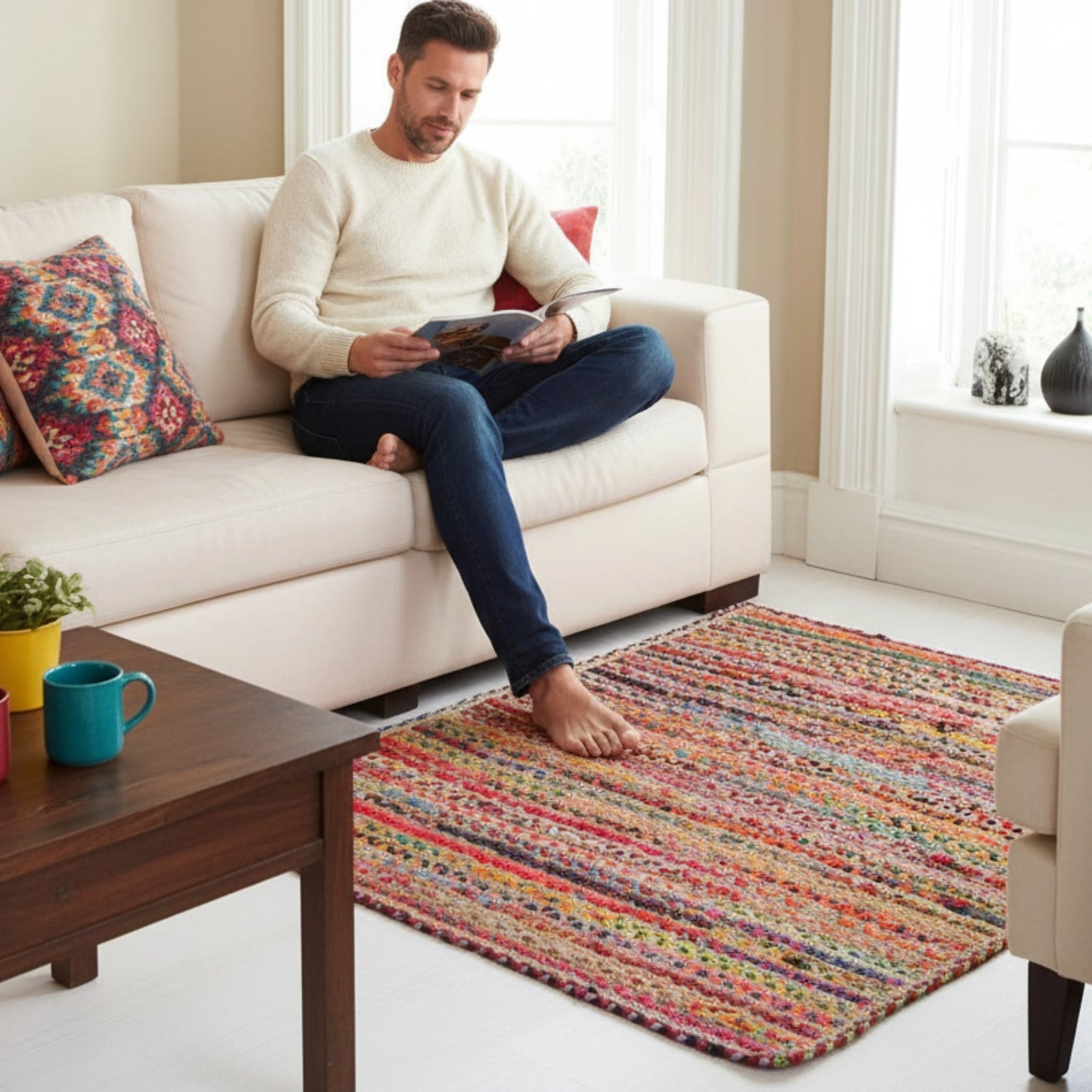 Square jute rug – Bohemian natural – Multicolor