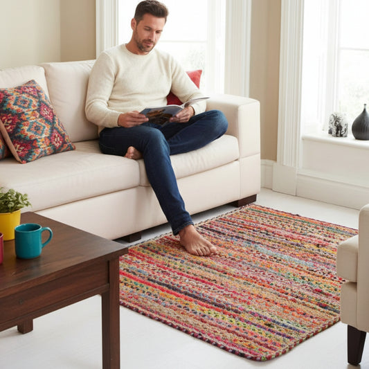 Square jute rug – Bohemian natural – Multicolor
