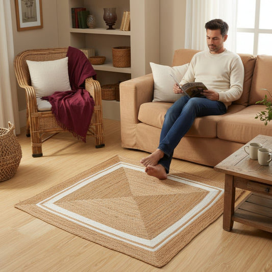 Square jute rug – Bohemian natural – Beige, White
