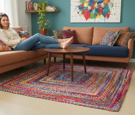 Square jute rug – Bohemian natural – Rainbow