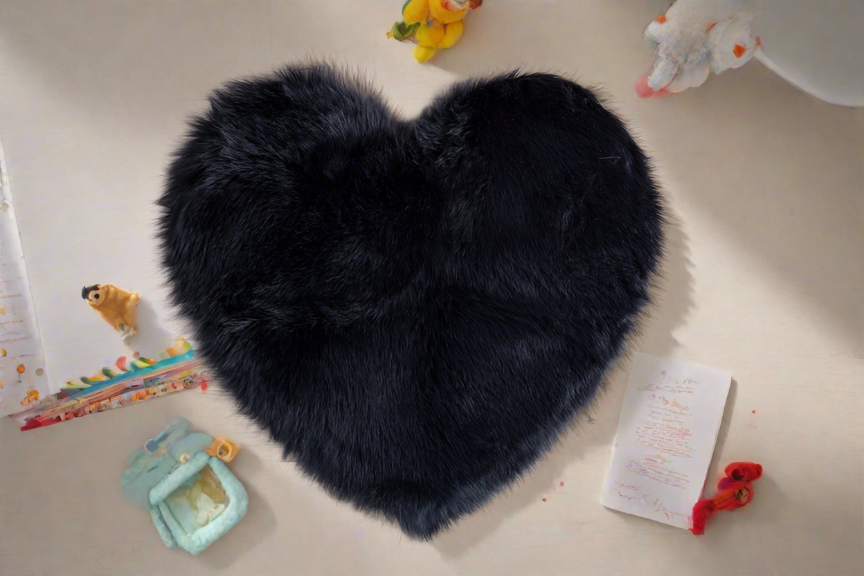 Black Heart Faux Fur Rug, Luxury Fluffy Mat -(80×80) cm