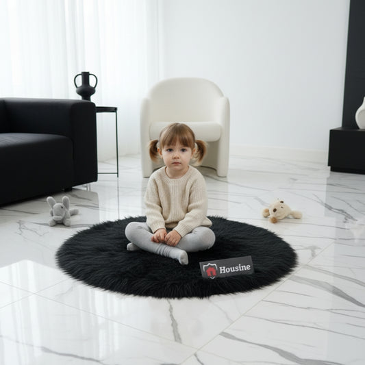 Black Round Faux Fur Rug, Luxury Fluffy Mat -(80×80) cm