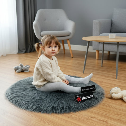 Grey_Multi Round Faux Fur Rug, Luxury Fluffy Mat -(80×80) cm