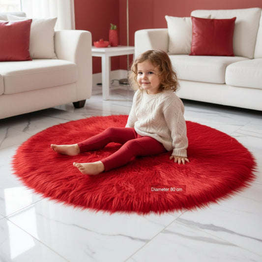 Red Round Faux Fur Rug, Luxury Fluffy Mat -(80×80) cm