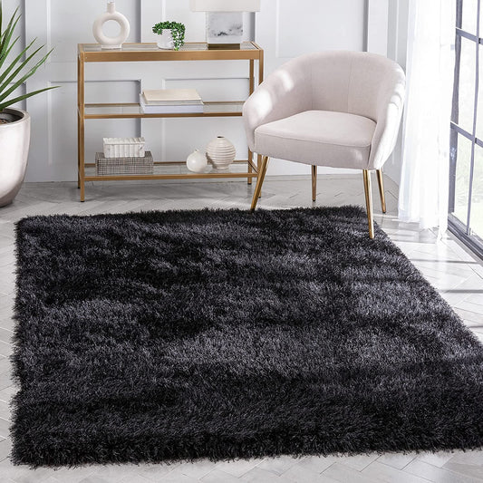Luxurious Black Plain Shaggy Area Rug – High-Density Microfiber Non-Slip Floor Mat for Home & Office Accent