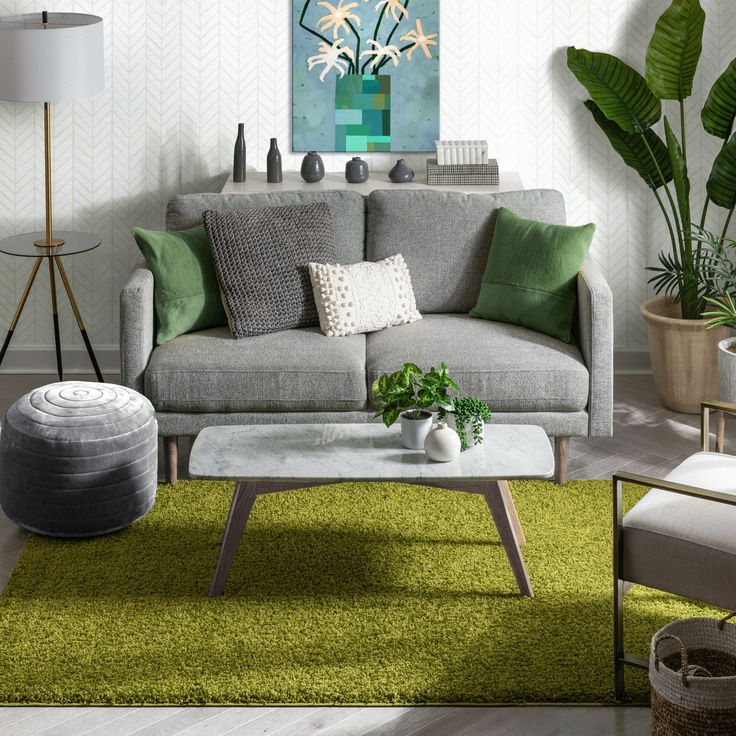 Plain Grass Green Shaggy Floor Mat – High-Density Microfiber Decorative Accent Rug for Home Decor