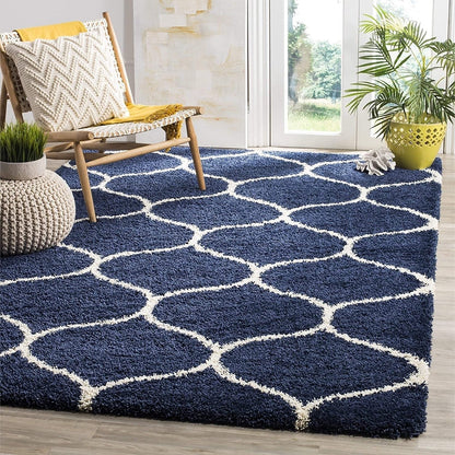 Super Soft Microfiber Shaggy Mat – Non-Shedding Navy & Cream Trellis Fluffy Rug for Modern Home Decor
