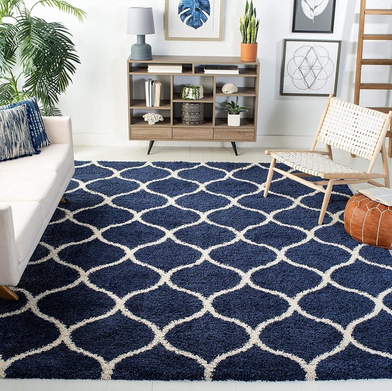 Super Soft Microfiber Shaggy Mat – Non-Shedding Navy & Cream Trellis Fluffy Rug for Modern Home Decor