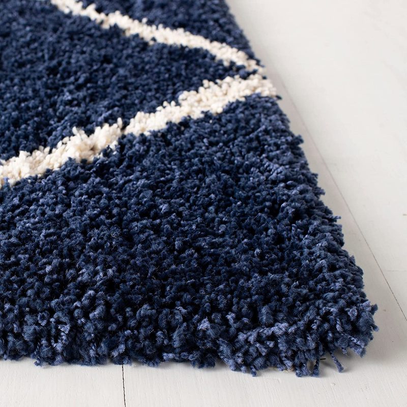 Super Soft Microfiber Shaggy Mat – Non-Shedding Navy & Cream Trellis Fluffy Rug for Modern Home Decor